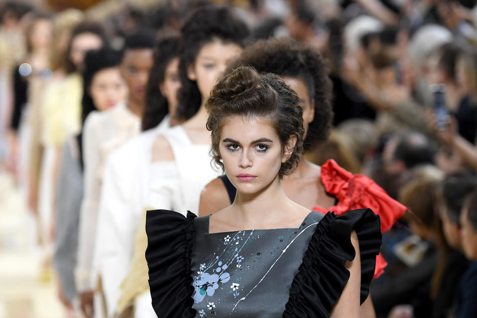 PARIS, FRANCE - OCTOBER 01: Kaia Gerber walks the runway during the Miu Miu Womenswear Spring/Summer 2020 show as part of Paris Fashion Week on October 01, 2019 in Paris, France. (Photo by Pascal Le Segretain/Getty Images)