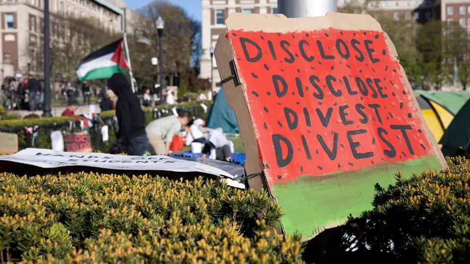 PHOTO: Students are camping out for a second week of ongoing protests on the campus of Columbia University, in New York, on April 25, 2024. (Melissa Bender/NurPhoto via Shutterstock)