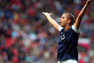 Alex Morgan of United States reacts during the Women's Football first round Group G match between the United States and DPR Korea,on Day 4 of the London 2012 Olympic Games at Old Trafford on July 31, 2012 in Manchester, England. (Photo by Stanley Chou/Getty Images)