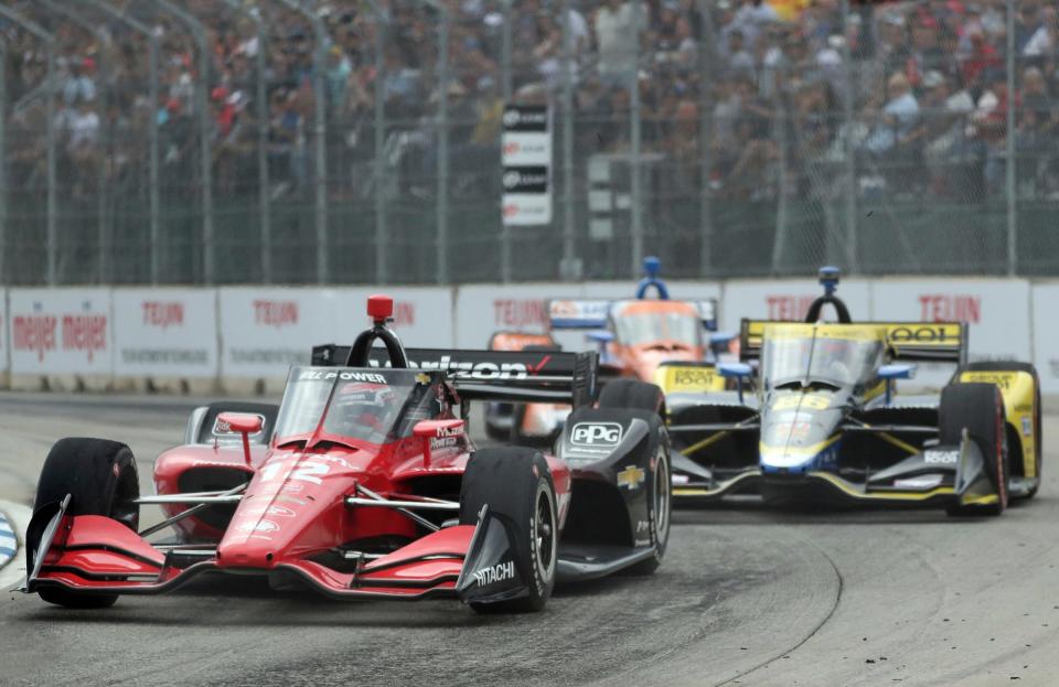 Will Power, driver of the Verizon Team Penske Chevrolet, powers through Turn 1 during the IndyCar series Detroit Grand Prix on Sunday, June 5, 2022, on Belle Isle in Detroit.