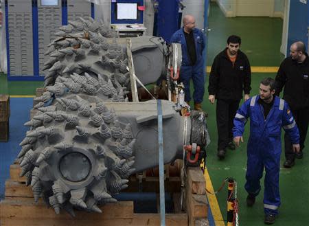 Components of a subsea mining machine are seen being assembled by Soil Machine Dynamics (SMD) for Nautilus Minerals at Wallsend, northern England April 14, 2014. REUTERS/ Nigel Roddis