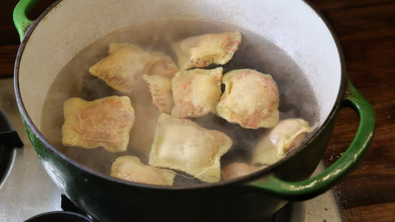 pot of boiling ravioli