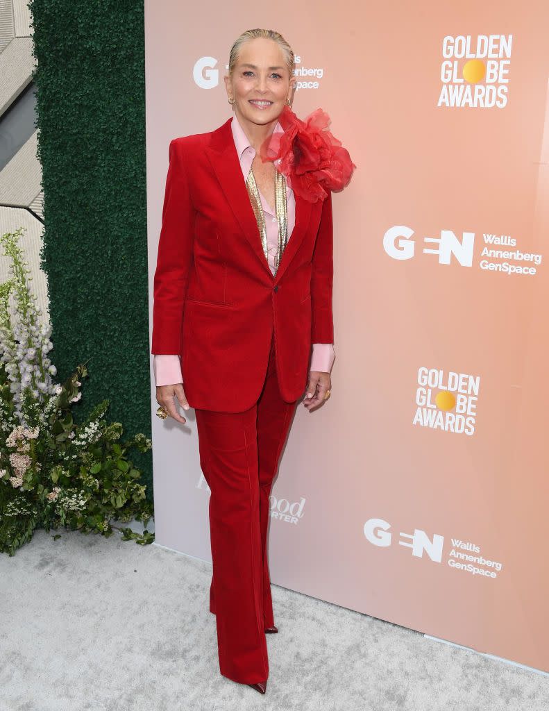 sharon stone red suit