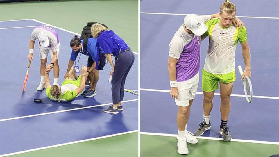 Spain's Alejandro Davidovic Fokina was helped from the court by Argentina's Marco Trungelliti after cramping up in the fifth set of their first round match at the US Open. Pictures: Twitter