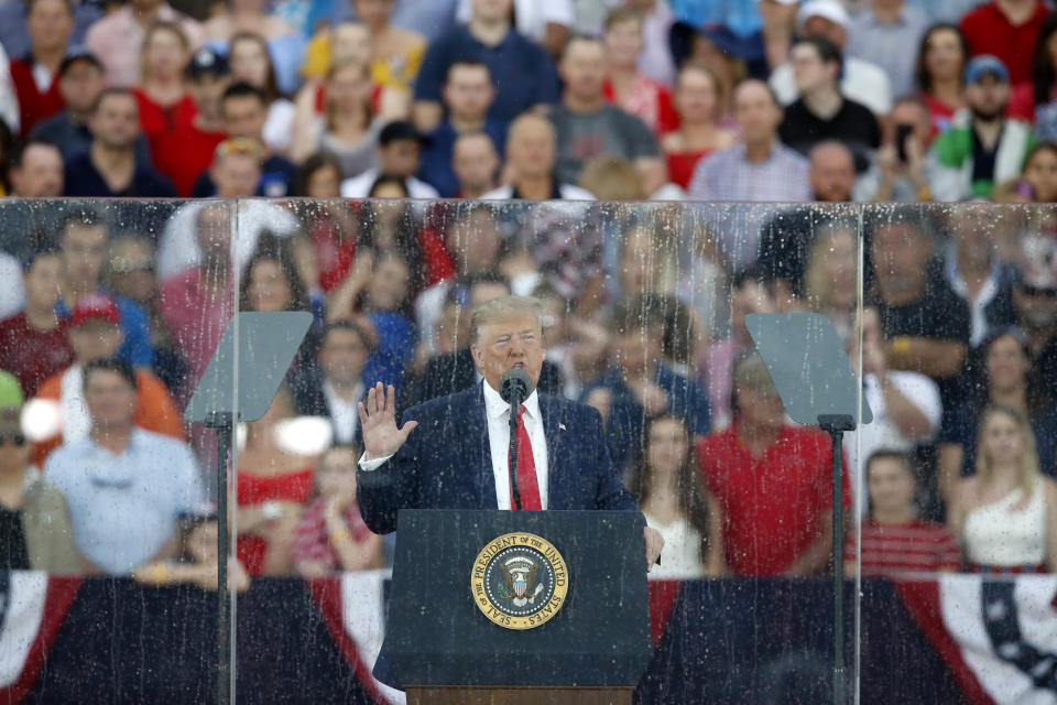 President Donald Trump speaks during an Independence Day celebration in front of the Lincoln Memorial, Thursday, July 4, 2019, in Washington. (AP Photo/Alex Brandon)