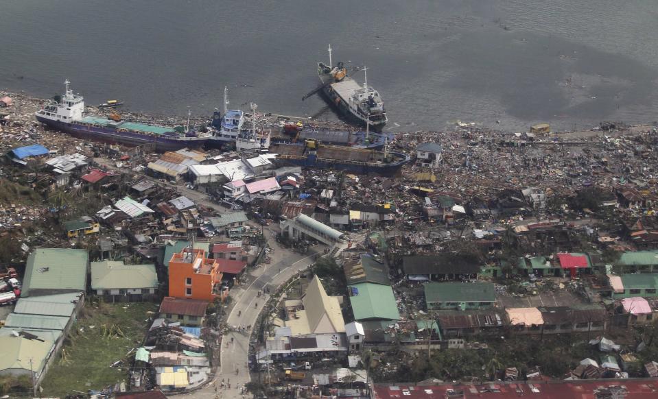 Handout of aerial view showing ships washed ashore after Typhoon Haiyan hit the province of Leyte