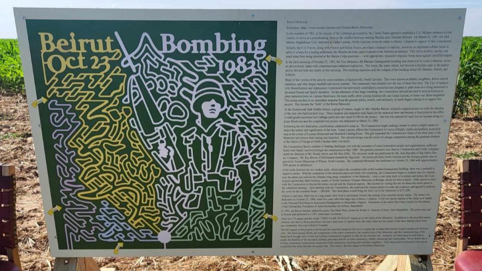 A sign at Ashley and Shaun Leonard's farm provides a map of the 20-acre corn maze commemorating the Oct. 23, 1983, attack on U.S. service members in Beirut. (Ashley Leonard)