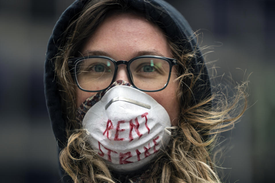 Minneapolis, MN April 8: Tenant right advocates including Karissa Stotts organized a honking, vehicle protest around the US Bank building. (Photo by Richard Tsong-Taatarii/Star Tribune via Getty Images)