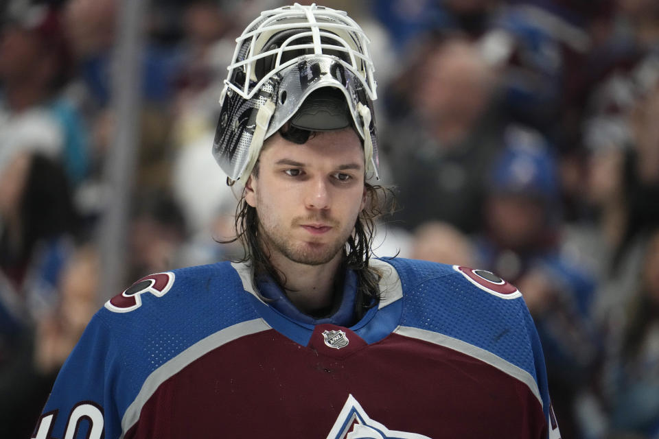 Colorado Avalanche goaltender Alexandar Georgiev looks on during a timeout in the second period of Game 7 of an NHL first-round playoff series against the Seattle Kraken, Sunday, April 30, 2023, in Denver. (AP Photo/David Zalubowski)