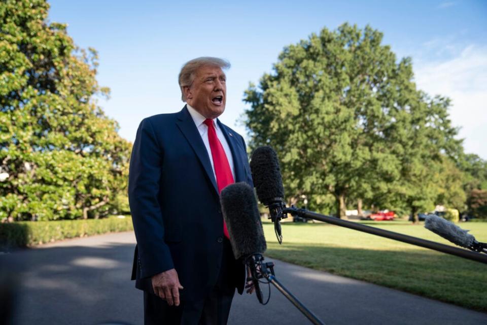 U.S. President Donald Trump speaks to members of the press prior to his departure from the White House on September 19, 2020 in Washington, DC. (Photo by Sarah Silbiger/Getty Images)