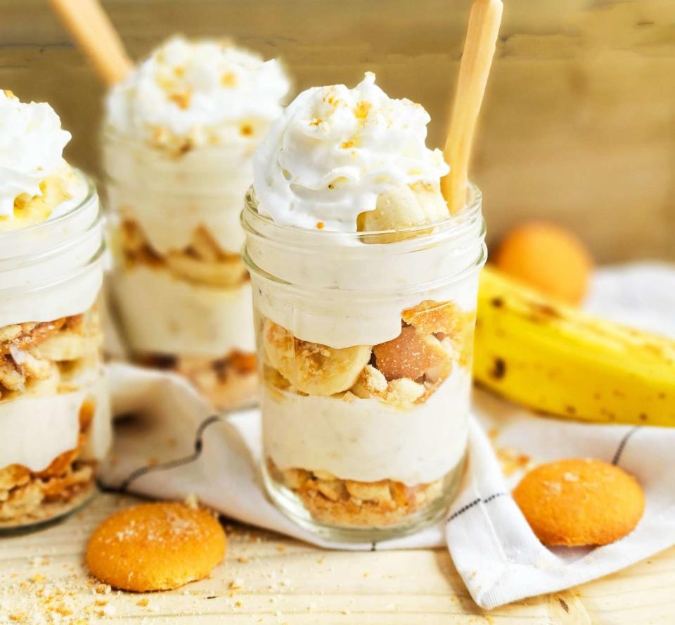 <p>These individual banana puddings contain all of those delicious traditional banana pudding flavors in a healthy little parfait package. This recipe is part of our <a href="https://www.eatingwell.com/article/7902588/juneteenth-family-cookout-menu/" rel="nofollow noopener" target="_blank" data-ylk="slk:Juneteenth Family Cookout Menu;elm:context_link;itc:0;sec:content-canvas" class="link ">Juneteenth Family Cookout Menu</a>. <a href="https://www.eatingwell.com/recipe/7902463/banana-pudding-parfaits/" rel="nofollow noopener" target="_blank" data-ylk="slk:View Recipe;elm:context_link;itc:0;sec:content-canvas" class="link ">View Recipe</a></p>