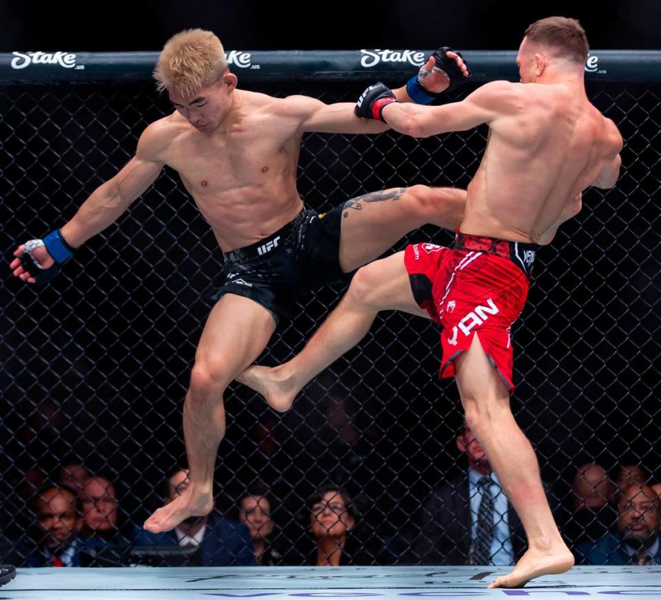 Peter Yan of Russia fights against Song Yadong of Chian during their bantamweight title match during the UFC 299 event at the Kaseya Center on Saturday, March 9, 2024, in downtown Miami, Fla.