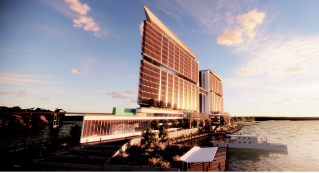 A rendering of Battleship Point, a proposed multi-use development on the western bank of the Cape Fear River.