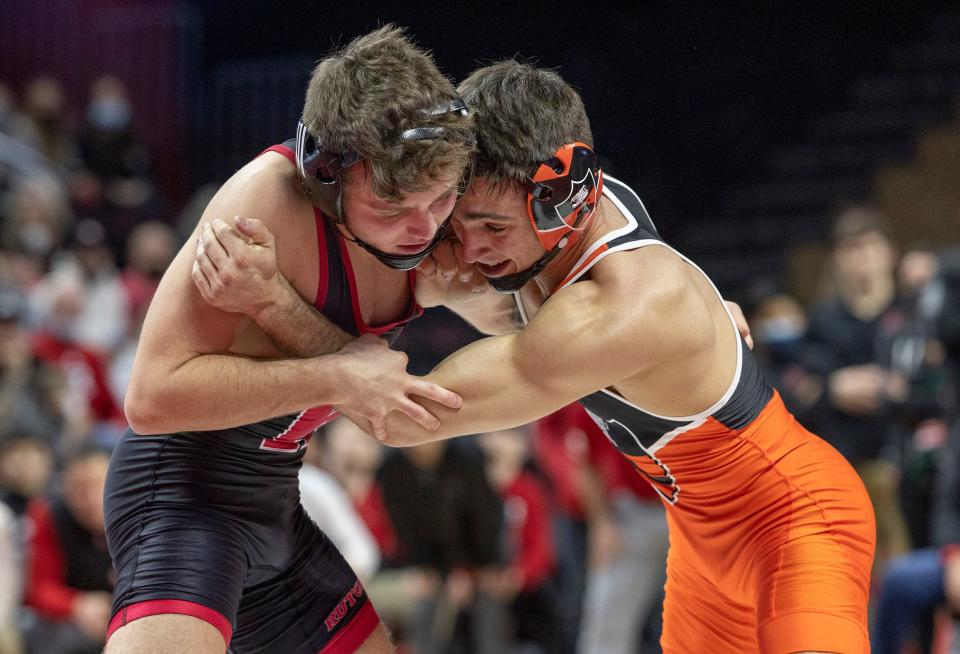 Princeton, with returning national runner-up Pat Glory (right) and Rutgers, with Dylan Shawver (left) will be two of the eight teams competing in the Garden State Grapple Dec. 4 at the Prudential Center.