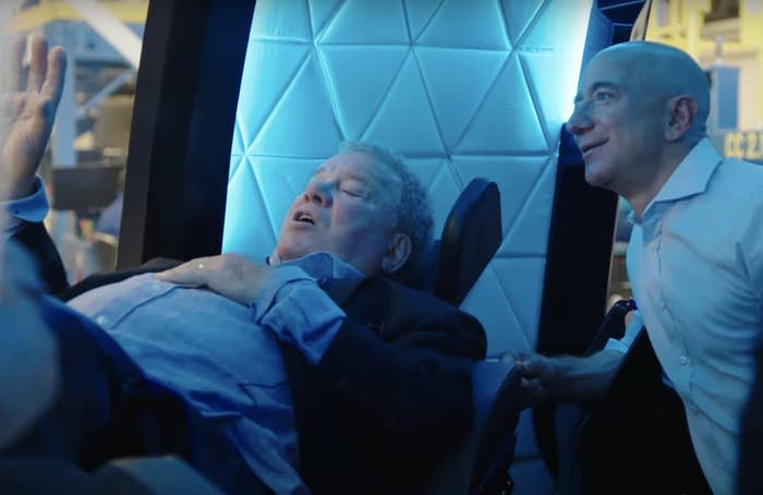Bezos explaining features of the spacecraft to Shatner prior to today's launch