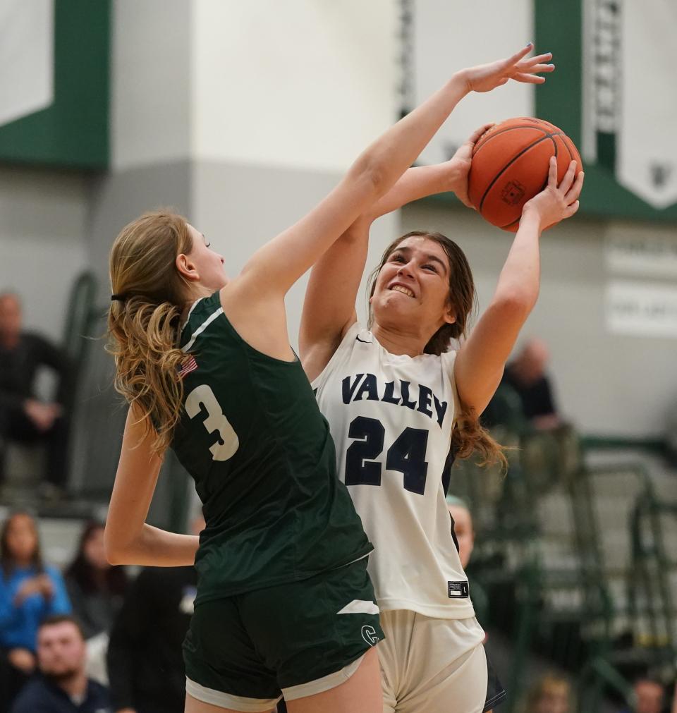 Putnam Valley's Jona Kabashi (24) dribes to the basket during the NYSPHSAA girls basketball Class B regional final against Carle Place at Yorktown High School in Yorktown Heights on Saturday, March 9, 2024.