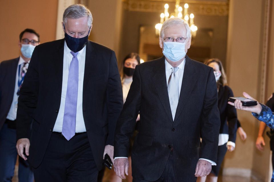 UNITED STATES - NOVEMBER 18: Senate Majority Leader Mitch McConnell, R-Ky., right, and Mark Meadows, White House chief of staff, are seen in the Capitol after a meeting on Wednesday, November 18, 2020. (Photo By Tom Williams/CQ-Roll Call, Inc via Getty Images)