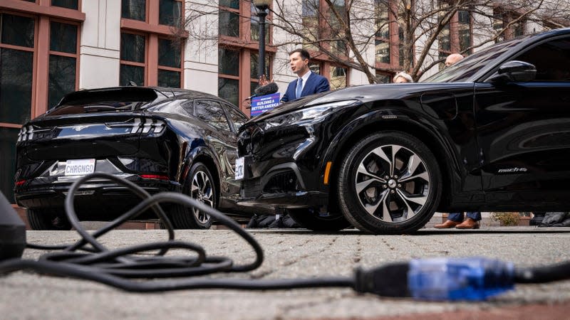 U.S. Secretary of Transportation Pete Buttigieg speaks during an event to discuss investments in the U.S. electric vehicle charging network, outside Department of Transportation headquarters on February 10, 2022 in Washington, DC.