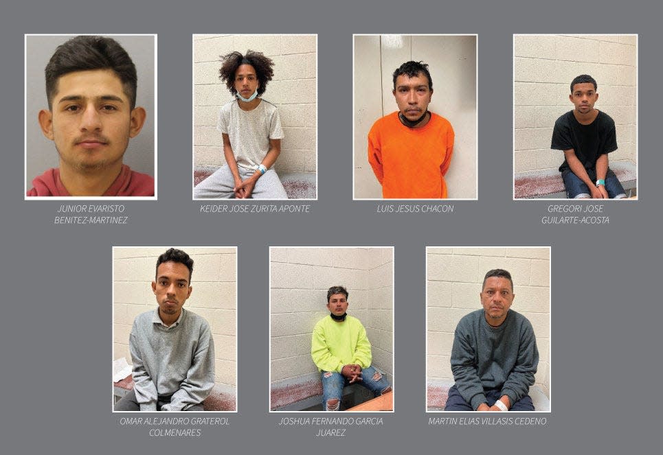 Texas Department of Public Safety officials released Wednesday, April 3, 2024, the jail booking photos of seven migrants arrested on felony charges in connection with a March 21, 2024, "border riot" at Gate 36 of the border fence in El Paso's Lower Valley.