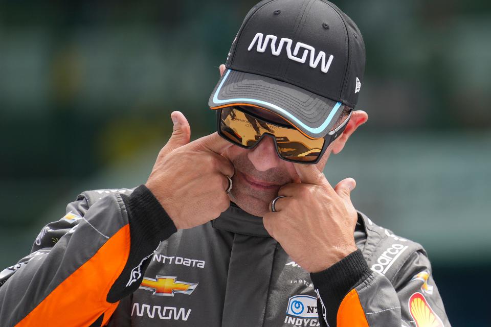 Arrow McLaren SP driver Tony Kanaan (66) tears up after watching a farewell video Sunday, May 28, 2023, before his final Indianapolis 500 at Indianapolis Motor Speedway. 