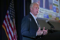 Sen. Ron Johnson, R-Wis., speaks to his supporters in the early morning hours at an election night party in Neenah, Wis., Wednesday, Nov. 9, 2022. (AP Photo/Mike Roemer)
