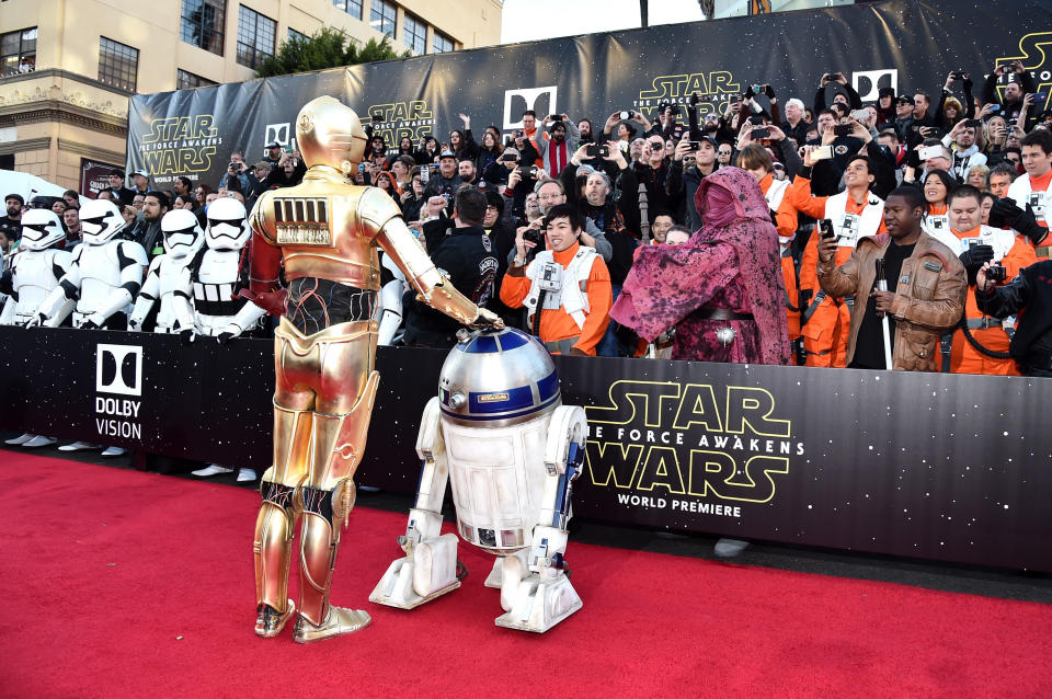 R2-D2 and C-3PO attend the world premiere of "Star Wars: The Force Awakens" on Dec. 14, 2015, in Hollywood, California.&nbsp;