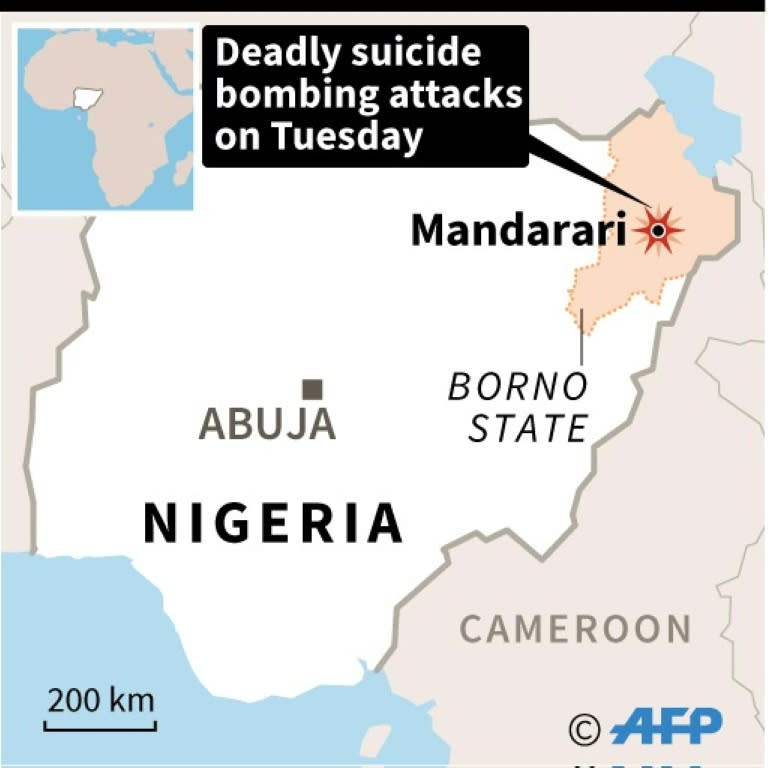 Map of Nigeria locating deadly attack by three women suicide bombers in Mandarari