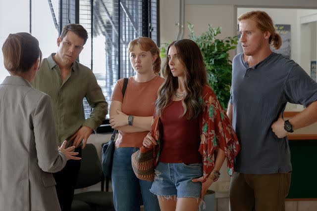 <p>Vince Valitutti/PEACOCK</p> Jake Lacy as Troy, Essie Randles as Brooke, Alison Brie as Amy, Conor Merrigan-Turner as Logan in 'Apples Never Fall'