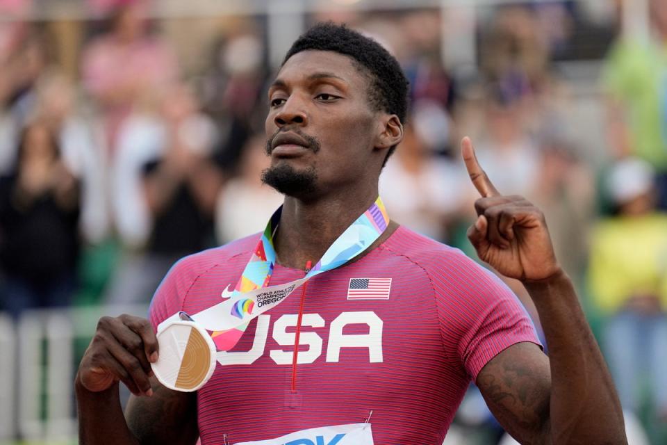 Fred Kerley celebrates winning gold in Eugene (AP)