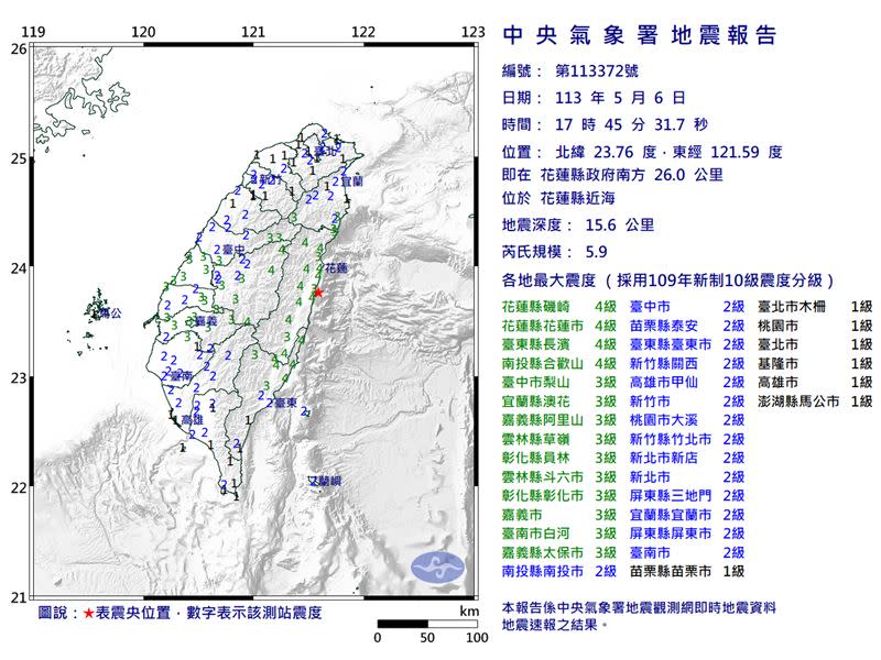 17時45分發生芮氏規模5.9地震。（圖／翻攝自中央氣象局）