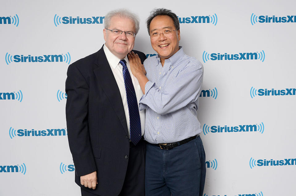 Pianist Emanuel Ax (left), and cellist Yo-Yo Ma visit SiriusXM Studios on September 24, 2015 in New York City. (Photo by Andrew Toth/Getty Images)