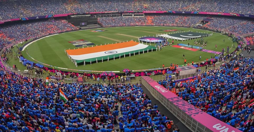 Narendra Modi Stadium in India before Saturday's India-Pakistan match at the Cricket World Cup. (Sam Panthaky/AFP via Getty Images)