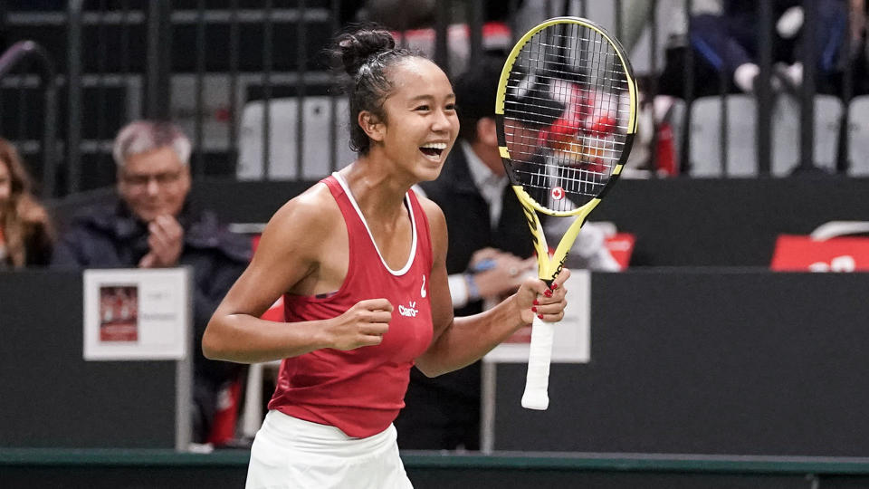 BIEL, SWITZERLAND FEBRUARY 08- Tennis Fed Cup -  Canada's Leylah Annie Fernandez in action during Fed Cup match between Switzerland and Canada on February 8,2020 in Biel,Switzerland. (Photo by MB Media/Getty Images)