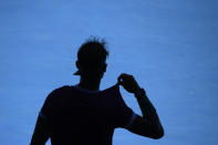 Rafael Nadal of Spain waits at the back of the court during his second round match against Yannick Hanfmann of Germany at the Australian Open tennis championships in Melbourne, Australia, Wednesday, Jan. 19, 2022. (AP Photo/Andy Brownbill)