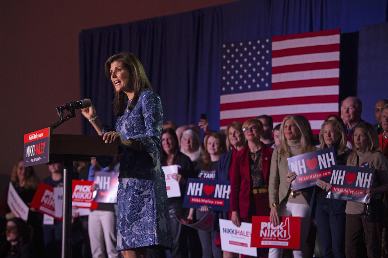 Republican presidential candidate Nikki Haley speaks at her New Hampshire primary election night party in Concord on Jan. 22, 2024. (Matt Nighswander / NBC News)