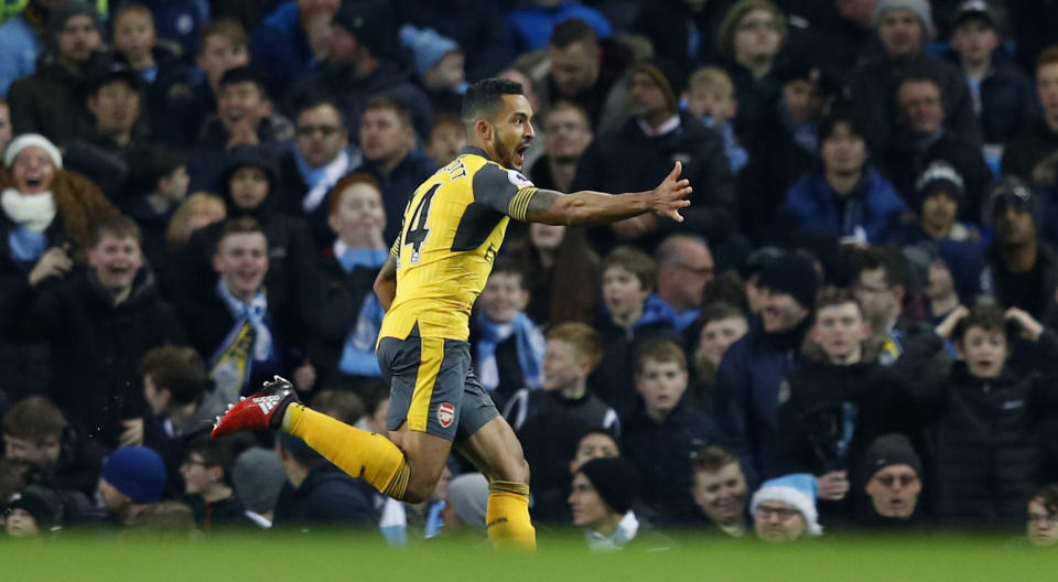 <p>Britain Football Soccer – Manchester City v Arsenal – Premier League – Etihad Stadium – 18/12/16 Arsenal’s Theo Walcott celebrates scoring their first goal Reuters / Phil Noble Livepic EDITORIAL USE ONLY. No use with unauthorized audio, video, data, fixture lists, club/league logos or “live” services. Online in-match use limited to 45 images, no video emulation. No use in betting, games or single club/league/player publications. Please contact your account representative for further details. </p>