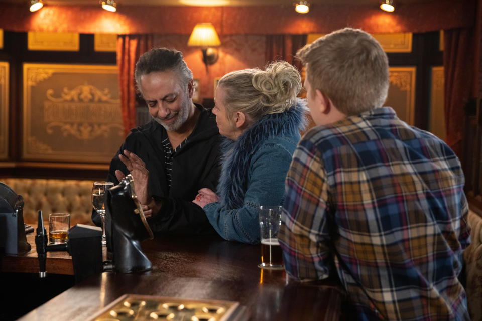 FROM ITV

STRICT EMBARGO - No Use Before Tuesday 20th January 2023

Coronation Street - Ep 1086869

Friday 3rd February 2023

Bernie Winter [JANE HAZLEGROVE] lords it over sulky Dev Alahan [JIMMI HARKISHIN] and tells Chesney Brown [SAM ASTON] how she thrashed him at golf. 

Picture contact - David.crook@itv.com

Photographer - Danielle Baguley

This photograph is (C) ITV Plc and can only be reproduced for editorial purposes directly in connection with the programme or event mentioned above, or ITV plc. Once made available by ITV plc Picture Desk, this photograph can be reproduced once only up until the transmission [TX] date and no reproduction fee will be charged. Any subsequent usage may incur a fee. This photograph must not be manipulated [excluding basic cropping] in a manner which alters the visual appearance of the person photographed deemed detrimental or inappropriate by ITV plc Picture Desk. This photograph must not be syndicated to any other company, publication or website, or permanently archived, without the express written permission of ITV Picture Desk. Full Terms and conditions are available on  www.itv.com/presscentre/itvpictures/terms
