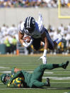 BYU tight end Isaac Rex (83) is hit by Baylor safety Jalen Pitre (8) during the first half of an NCAA college football game, Saturday, Oct. 16, 2021, in Waco, Texas. (AP Photo/Ron Jenkins)