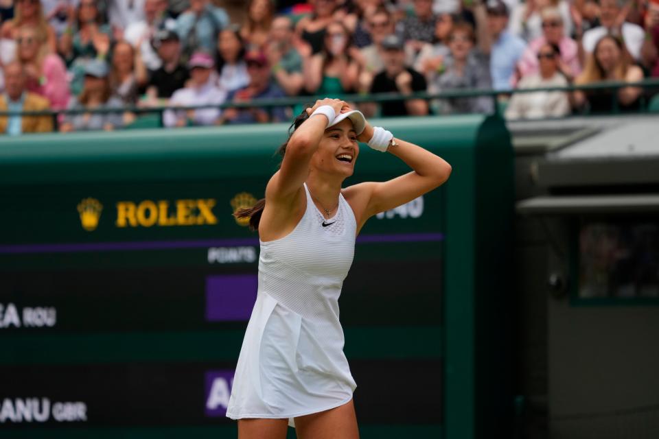 Raducanu reacts after winning (AP)