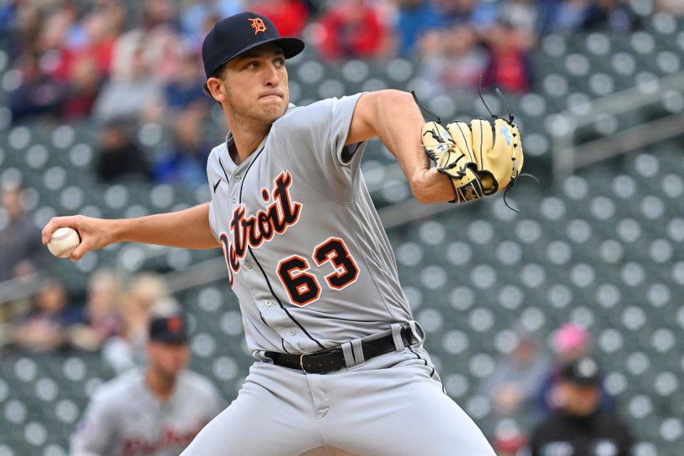 Detroit Tigers starting pitcher Beau Brieske (63) delivers a pitch against the Minnesota Twins during the first inning at Target Field.