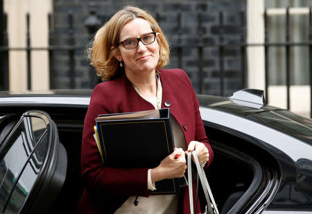 FILE PHOTO: Britain's Home Secretary Amber Rudd arrives in Downing Street, London, April 24, 2018. REUTERS/Henry Nicholls