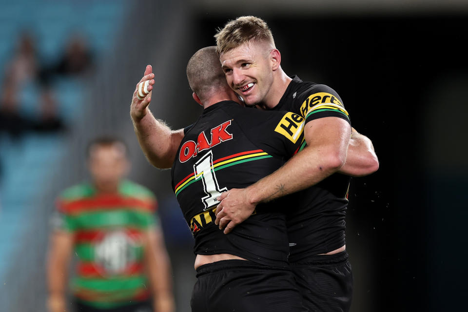 SYDNEY, AUSTRALIA - MAY 02:  Luke Garner of the Panthers celebrates with team mates after scoring a try during the round nine NRL match between South Sydney Rabbitohs and Penrith Panthers at Accor Stadium on May 02, 2024, in Sydney, Australia. (Photo by Cameron Spencer/Getty Images)