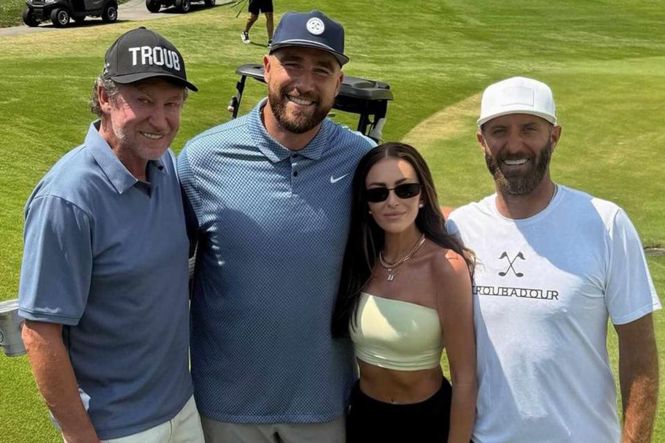 <p>Paulina Gretzky/Instagram</p> L to R: Wayne Gretzky, Travis Kelce, Paulina Gretzky, Dustin Johnson