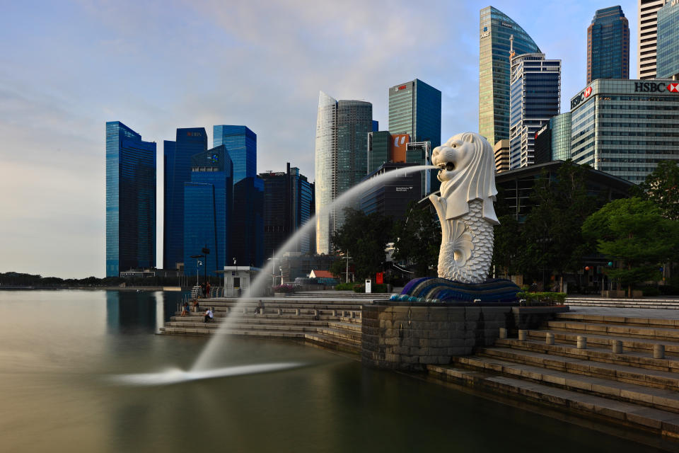 The iconic Merlion statue is seen against the backdrop of Singapore's Central Business District in this 29 January 2020 photo. (PHOTO: Getty Images)