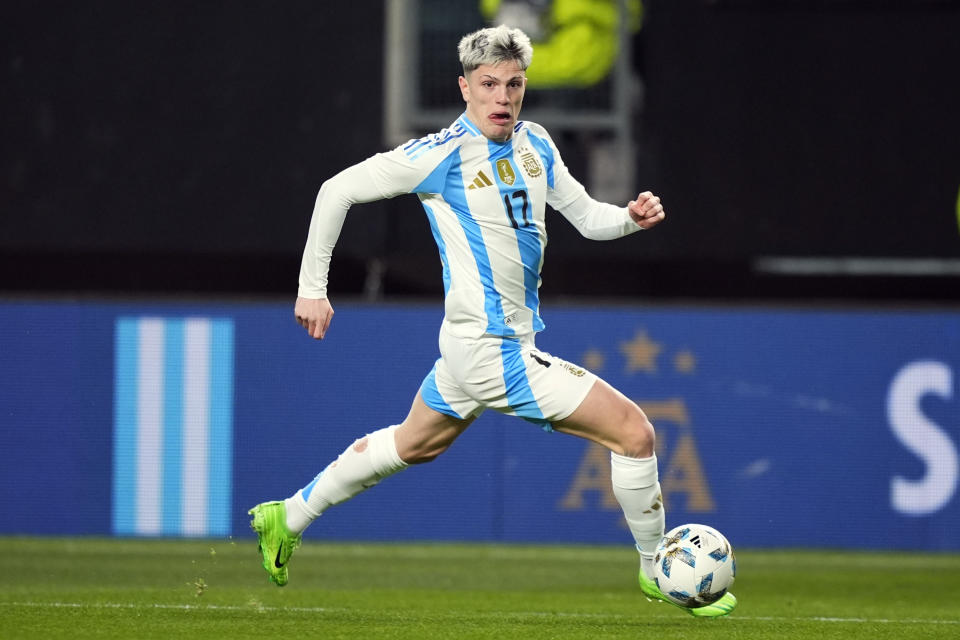 FILE - Argentina's Alejandro Garnacho plays during a friendly soccer match, Friday, March 22, 2024, in Philadelphia. Madrid-born left winger Alejandro Garnacho was one of the few positives for Manchester United this season — something that has given hope to Argentina as well. (AP Photo/Matt Slocum, File)