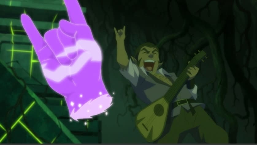 A Dwarven Bard rocks out on a magical lute