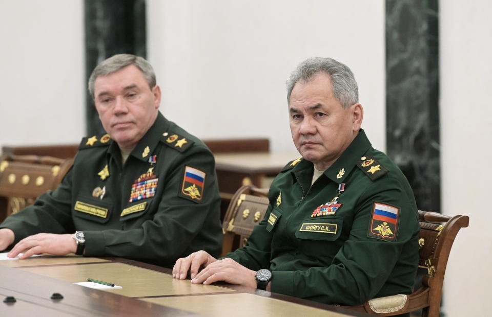 Russian Defence Minister Sergei Shoigu and Chief of the General Staff of Russian Armed Forces Valery Gerasimov attend a meeting with Russian President Vladimir Putin in Moscow, Russia February 27, 2022. Sputnik/Aleksey Nikolskyi/Kremlin via REUTERS ATTENTION EDITORS - THIS IMAGE WAS PROVIDED BY A THIRD PARTY.