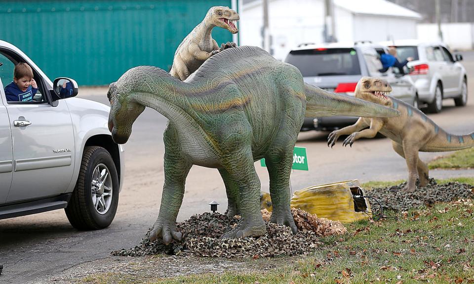 Hudson Powlie from Blufton, reacts to seeing a Velociraptor on the back of an Iguanodon at the Jurassic Wonder dinosaur drive-thru in Ashland County over the weekend.