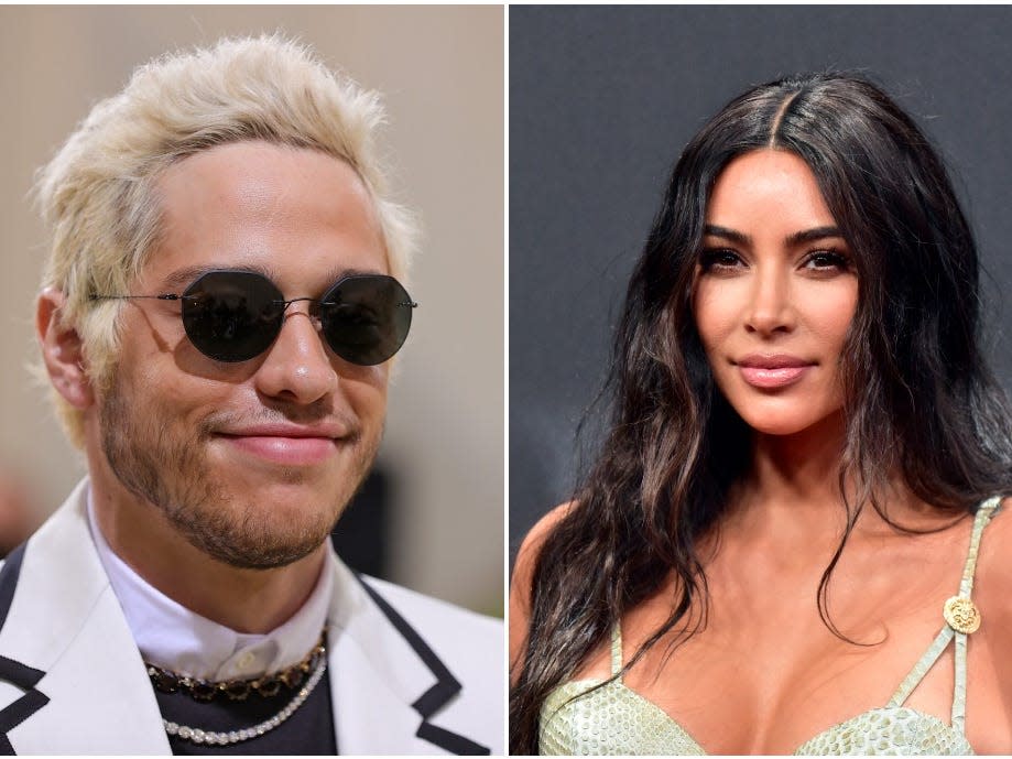 Pete Davidson attends The 2021 Met Gala and Kim Kardashian attends the 2019 E! People's Choice Awards.