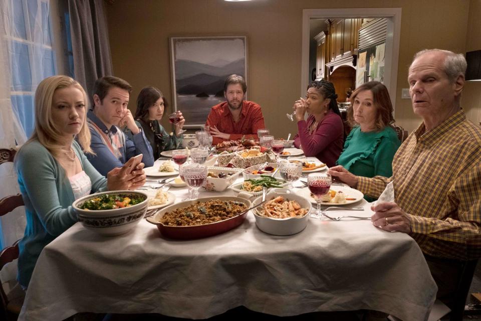 the oath, from left meredith hagner, jon barinholtz, carrie brownstein, ike barinholtz, tiffany haddish, nora dunn, chris ellis, 2018 © roadside attractions courtesy everett collection